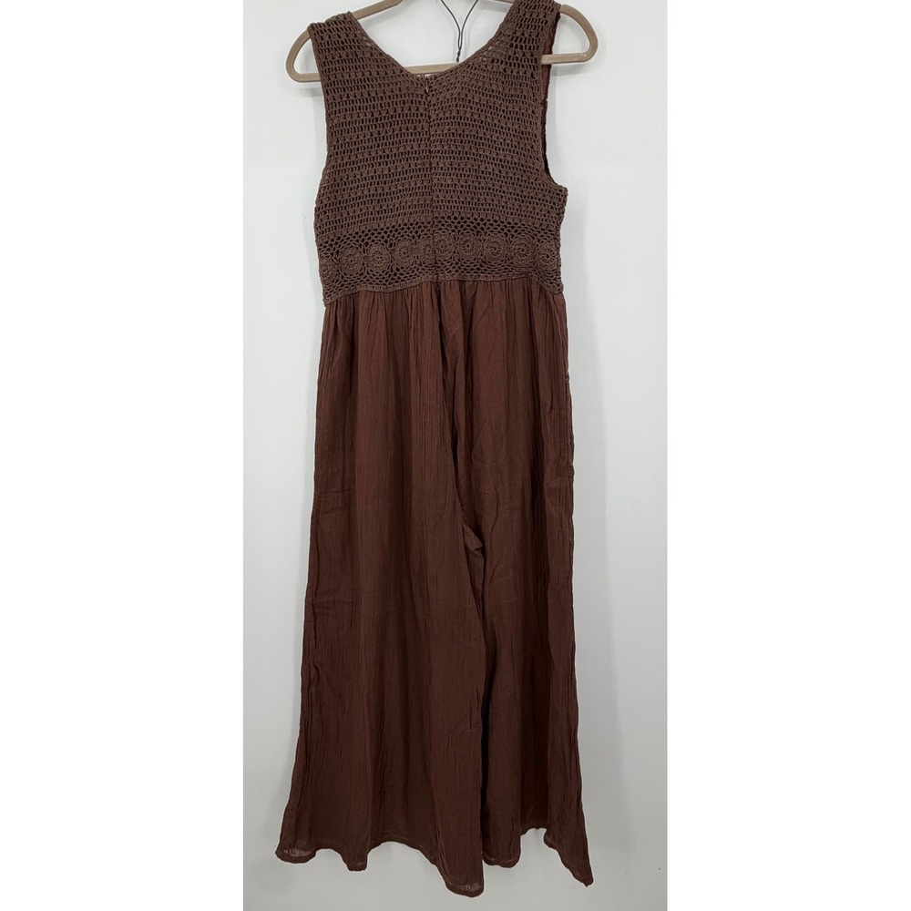 Talisman Jumpsuit Women Large Brown Crochet Bodice Crinkle Gauze Wide Leg Boho